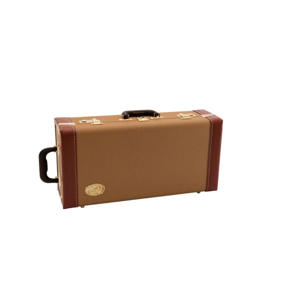 Brown XO trumpet case with handle and gold latches